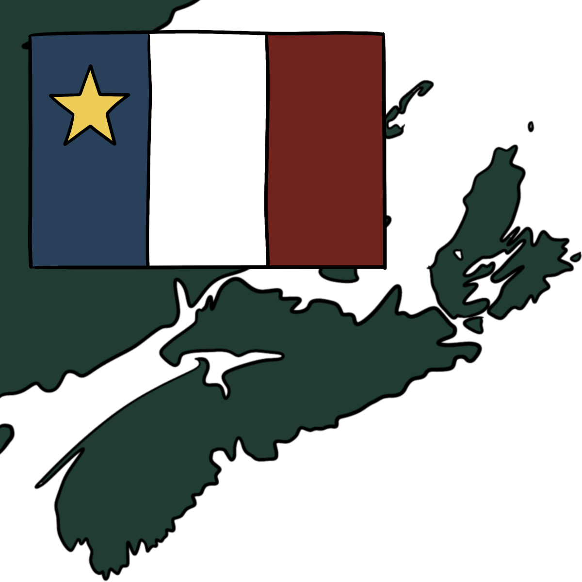 The Acadian flag over a dark green filled outline of the general area of Acadie/Acadia.
